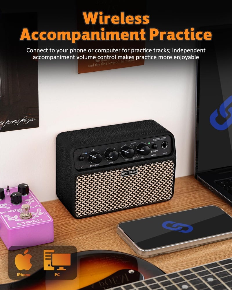 STRICH DSP Mini Electric Guitar Practice Amplifier, 2 x 5W Dual-Speaker Desktop Amp with Clean/Distortion, 3-4H Battery, 3.5mm Headphone Jack, Wireless Portable for Indoor Practice & Travel, Black - Image 5